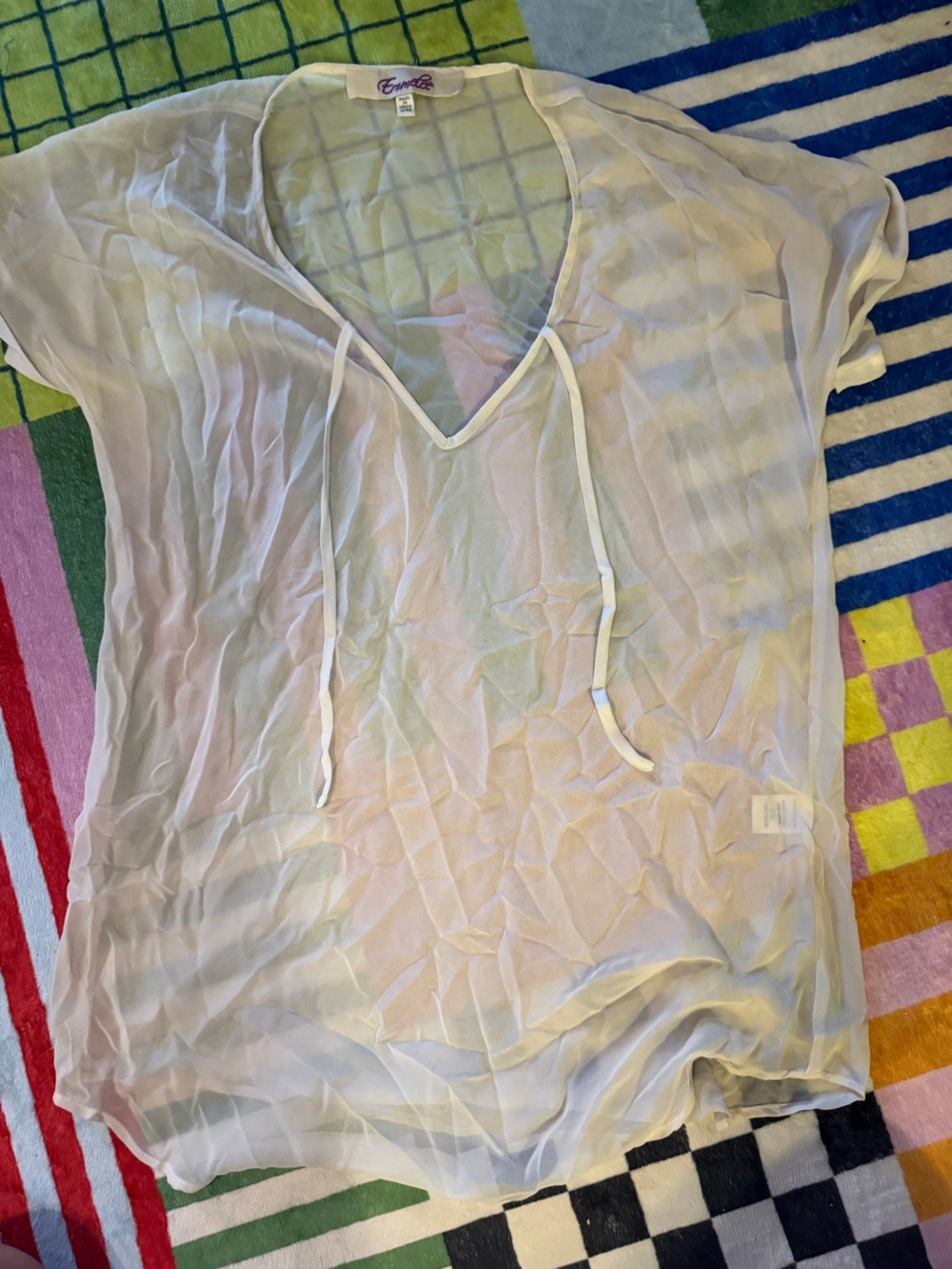 Emmelee for F.C. Sheer White V-Neck Swim Coverup with Tie
